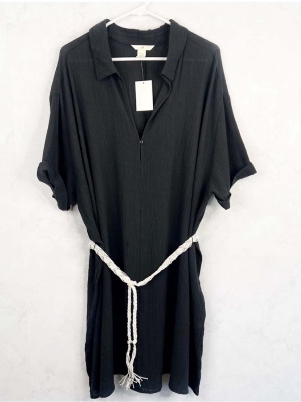 H&M Black Midi Shirt Dress with Braided Ivory Belt